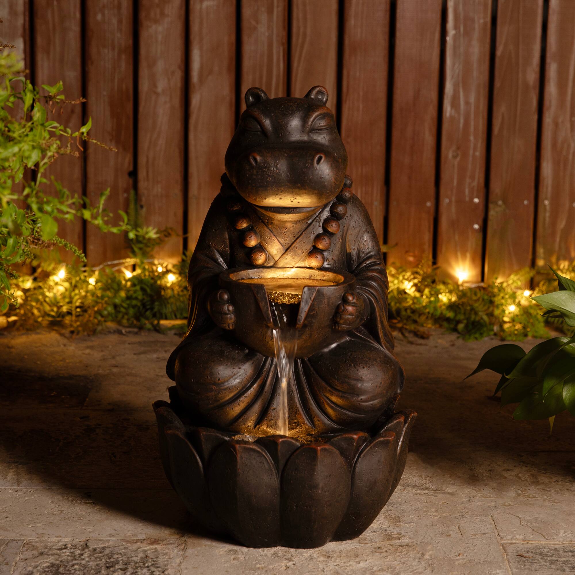 Glitzhome® 21.75" Zen-Style LED 2-Tier Bronze Hippo Outdoor Fountain
